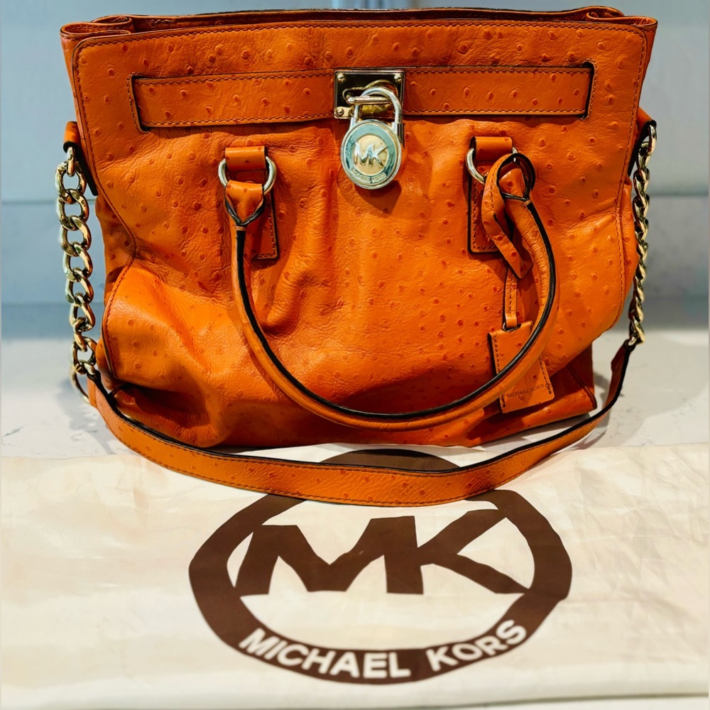 Large Michael Kors Hamilton Ostrich Orange Handbag With Dust Bag
